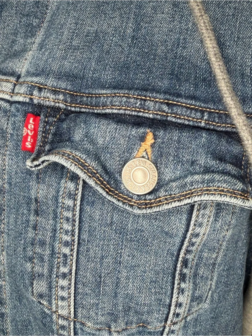 Levi's Indigo Trucker Denim Jean Jacket Gray Hoodie Sweatshirt Youth Sz Large.